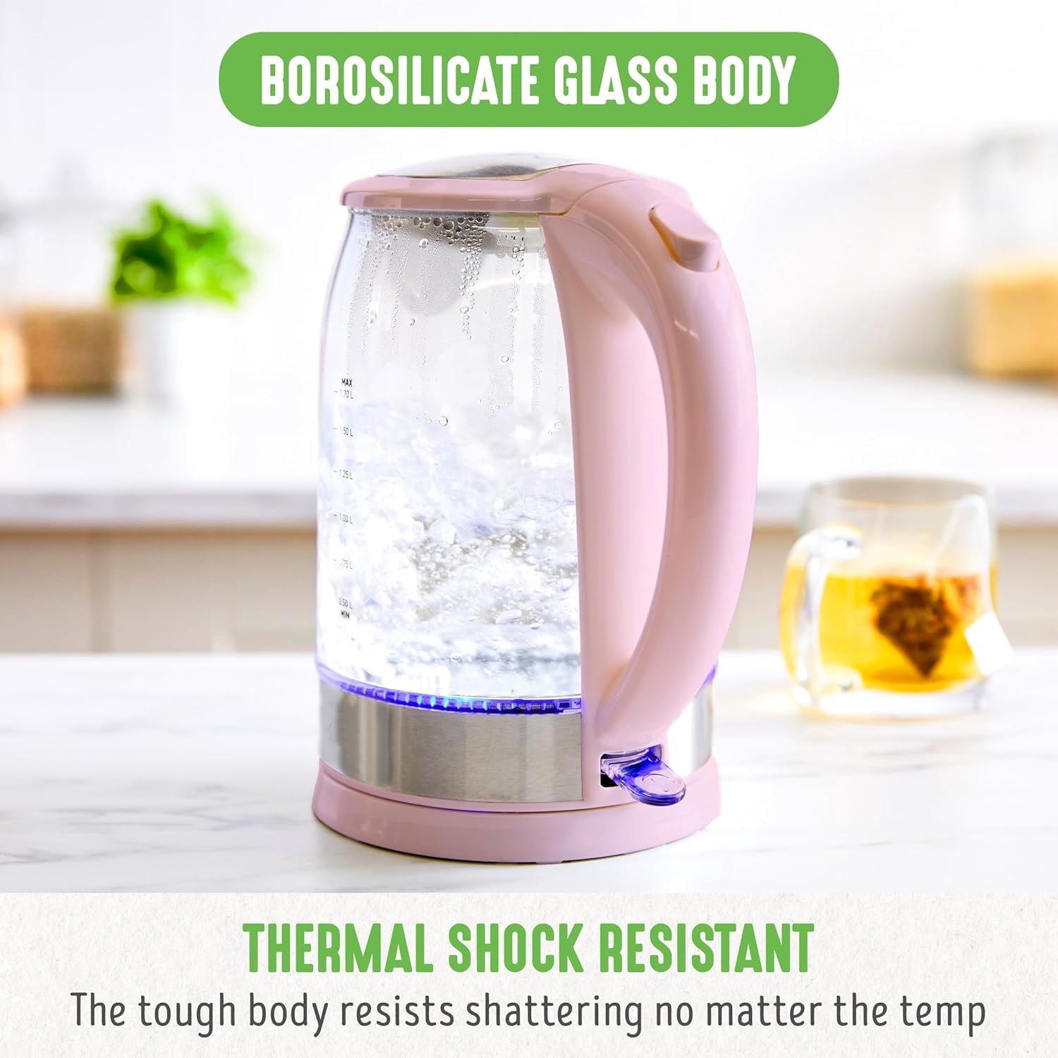 1.7 Liter Glass Electric Kettle, Easy One Touch Use, Quick Heating, Filtered Spout, LED Base, Auto Shut-Off, Cordless Serving, Coffee and Tea, Pink