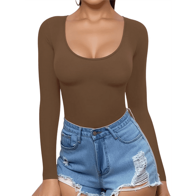 Womens Scoop Neck Long Sleeve Slim Fit T Shirt Tunic Tops Tee Coffee Color S