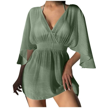 Zpanxa Womens Swimsuit Coverup Short Sleeve Beach Cover Up Dress Lace Crochet V Neck Bikini Beachwear Army Green L