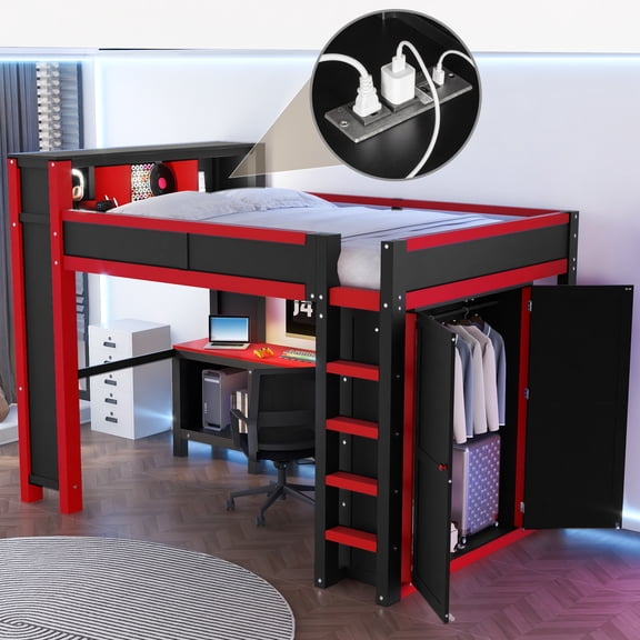Euroco Wood Queen Size Loft Bed with Desk and Wardrobe, Gaming Bed with USB Ports,Black & Red