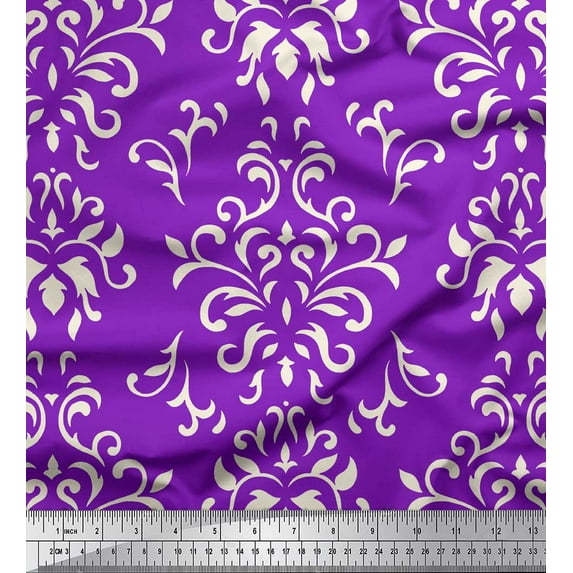 Soimoi Purple Rayon Crepe Fabric Filigree Damask Printed Craft Fabric by the Yard 46 Inch Wide