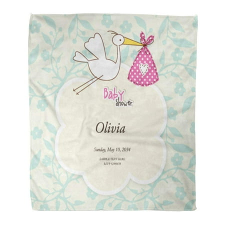 Girl Stork Birth Announcement ASHLEIGH Flannel Throw Blanket Birth Pink Announcement Baby Girl Cute Stork Doodle Adorable Soft for Bed Sofa and Couch 58x80 Inches ()