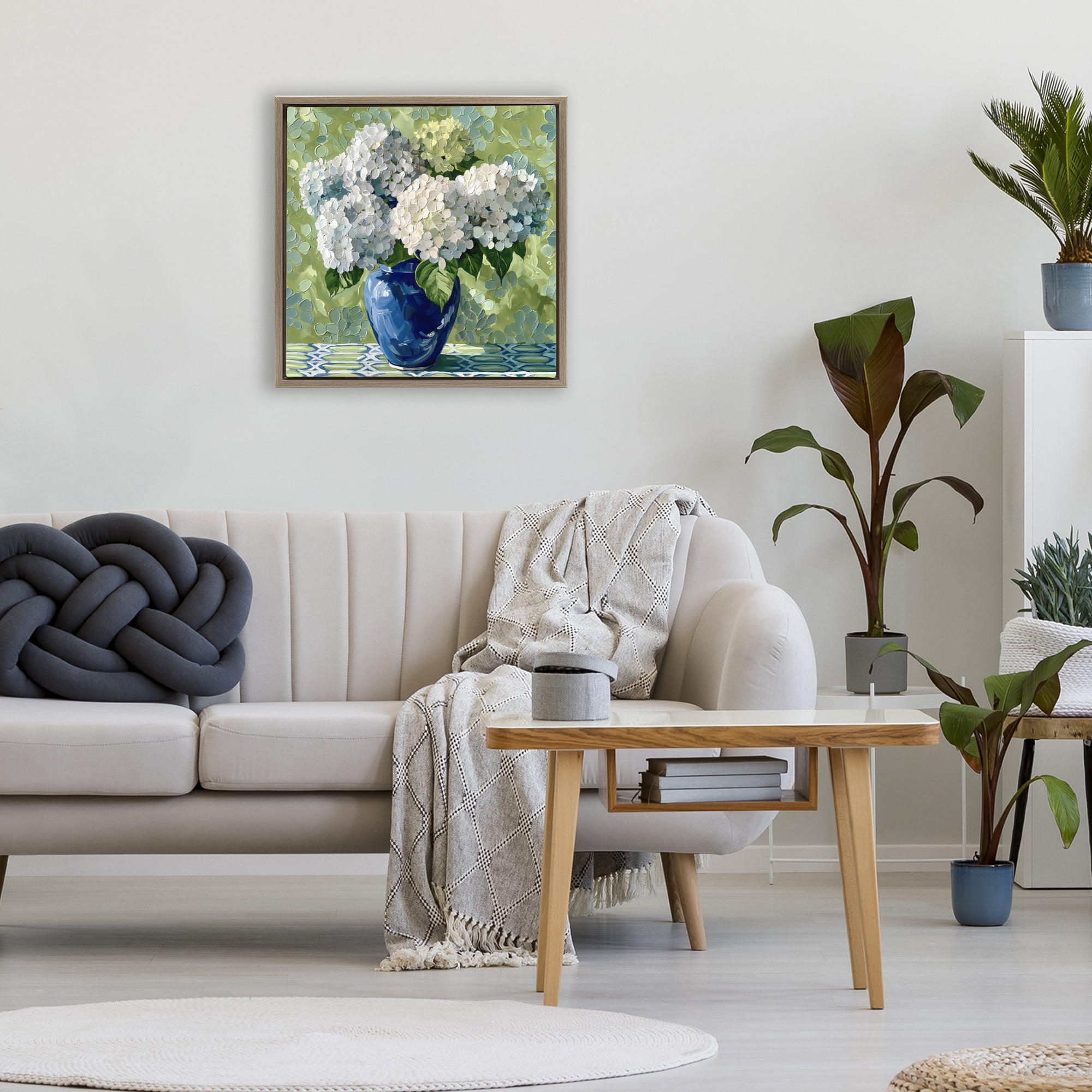 Stupell Industries White Hydrangeas in Blue Vase Brown Framed Floater Canvas Wall Art, design by Gina Kelly