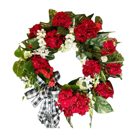 Large Red Geranium Flower Wreath - Beautiful Spring Summer Door Decor, 14 Inch Artificial Floral Arrangement with Green Leaves for Porch, Wall or Gate Decoration