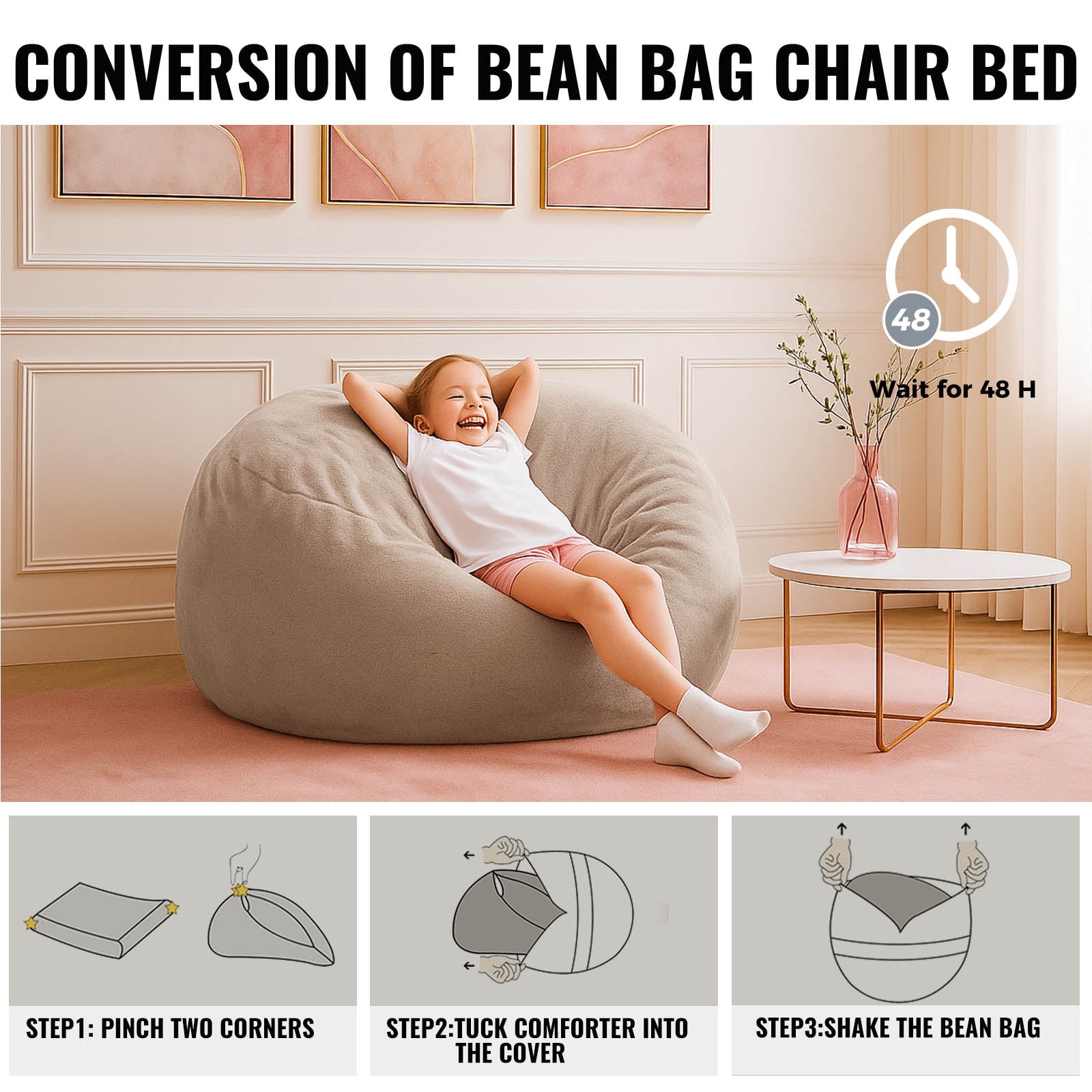 Bean Bag Chair,Convertible Bean Bag Chair Bed Giant Bean Bag Chairs for Adults Memory Foam Bean Bag Bed for Adults Bean Bags Chair that Turns into Bed