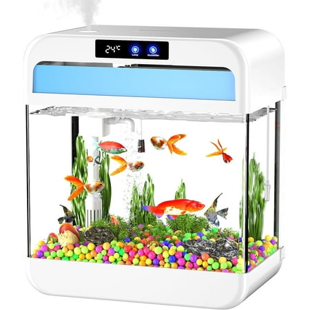 Fish Tank Aquarium 2.2 Gallon with Humidifier 7 Color Looping Light with Timer Self-Cleaning 3 in 1 Water Pump with Filteration & Oxygenation & Circulation, Temperature Display, HD Heat Bending Glass
