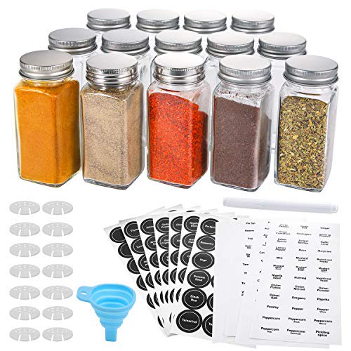 Aozita 14 Pcs Glass Spice Jars With Spice Labels 4oz Empty Square Spice Bottles Shaker Lids And Airtight Metal Caps Chalk Marker And Silicone Collapsible Funnel Included Walmart Com Walmart Com