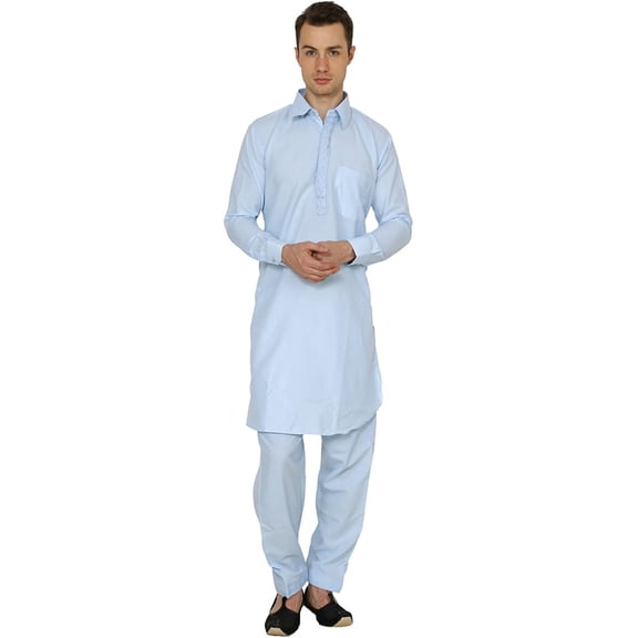 Royal Kurta Mens Cotton Pathani Set Sky Blue 40