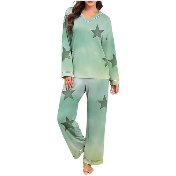 qelini Plus Size Pajama Sets for Women Cute Print V Neck Long Sleeve Shirt and Pant Sleepwear Soft Cozy Loungewear