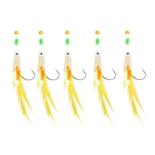 5x Candillas de pesca marina múltiples ganchos con suministros de pesca de plumas con perlas luminosas Cebos señuelos para agua salada de agua dulce amarillo