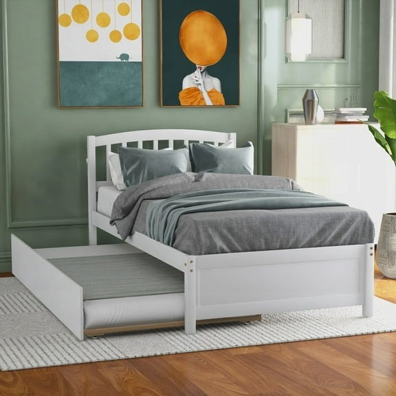 Twin size Platform Bed with Trundle in White - Solid Pine & Spacious Trundle