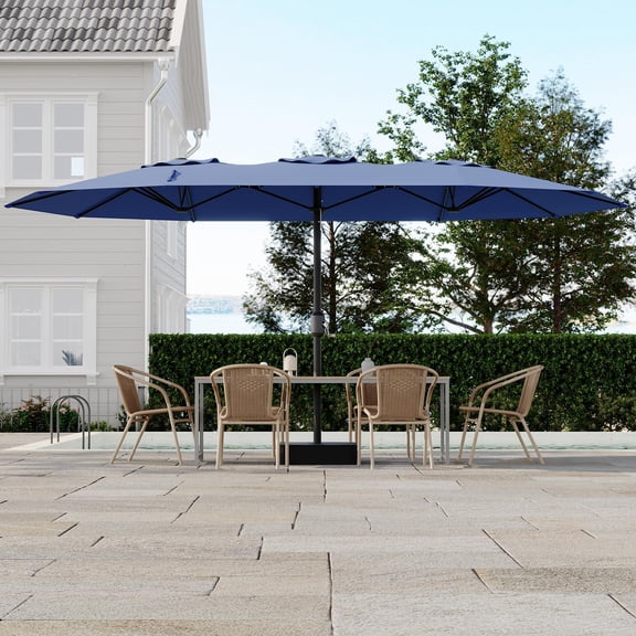 15ft Large Patio Umbrellas with Base, Outdoor Double-Sided Big Market Umbrella, Double-Topped Outdoor Umbrellas with Stand for Backyard Poolside Lawn Market, Three-Head Umbrella, Khaki