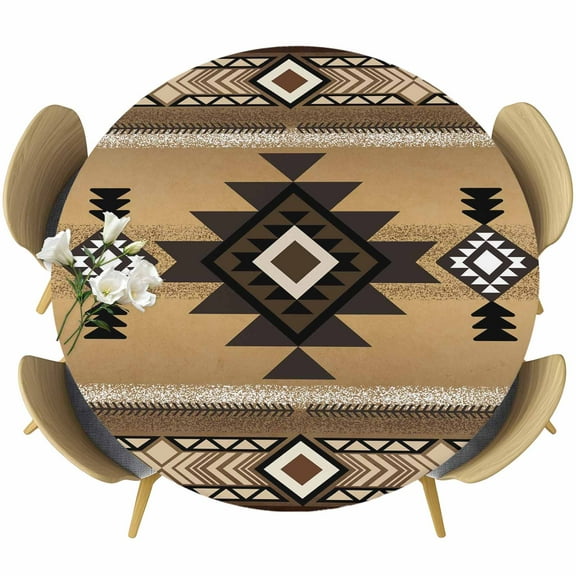Geometric Southwest Ethnic Style Fitted Round Tablecloths Table Covers 55"-60",Waterproof Table Cloth for Kitchen Holiday Party Tables Decor