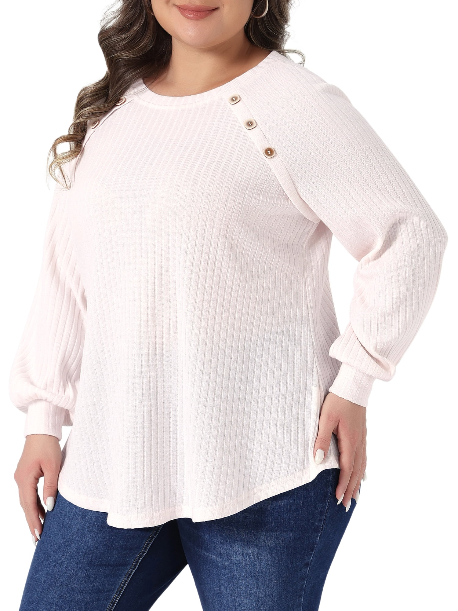 DARING DIVA Women's Plus Tops Crew Neck Button Decor Pullover Blouses 2X Light Pink