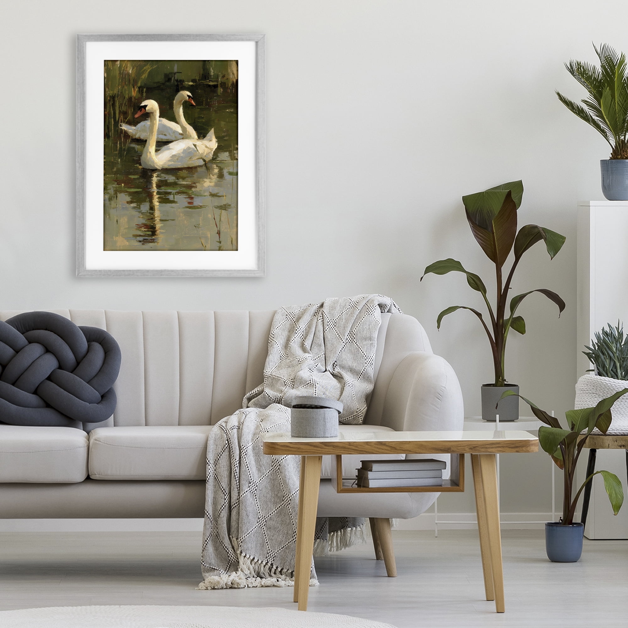 Stupell Industries Swans For A Swim Gray Framed Print Under Glass, design by Petal Prints Design