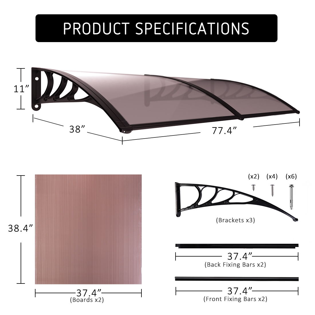 SPECSTAR Polycarbonate Window Door Awning Canopy Brown with Black Bracket 40 Inch x 80 Inch