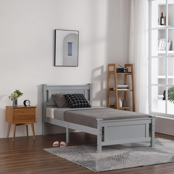 SalonMore Twin Pinewood Platform Bed with Headboard, Grey