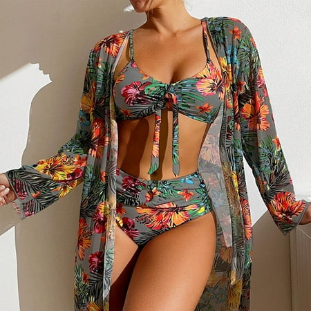 Gaecuw Women Bikini Set for Women 3 Piece Set with Cover up Bikini Wrap Skirt Sleeveless Swimwear Top High Waisted Thong Briefs Swim Bottom Slip On Closure Swimsuits Floral Print Bathing Suits