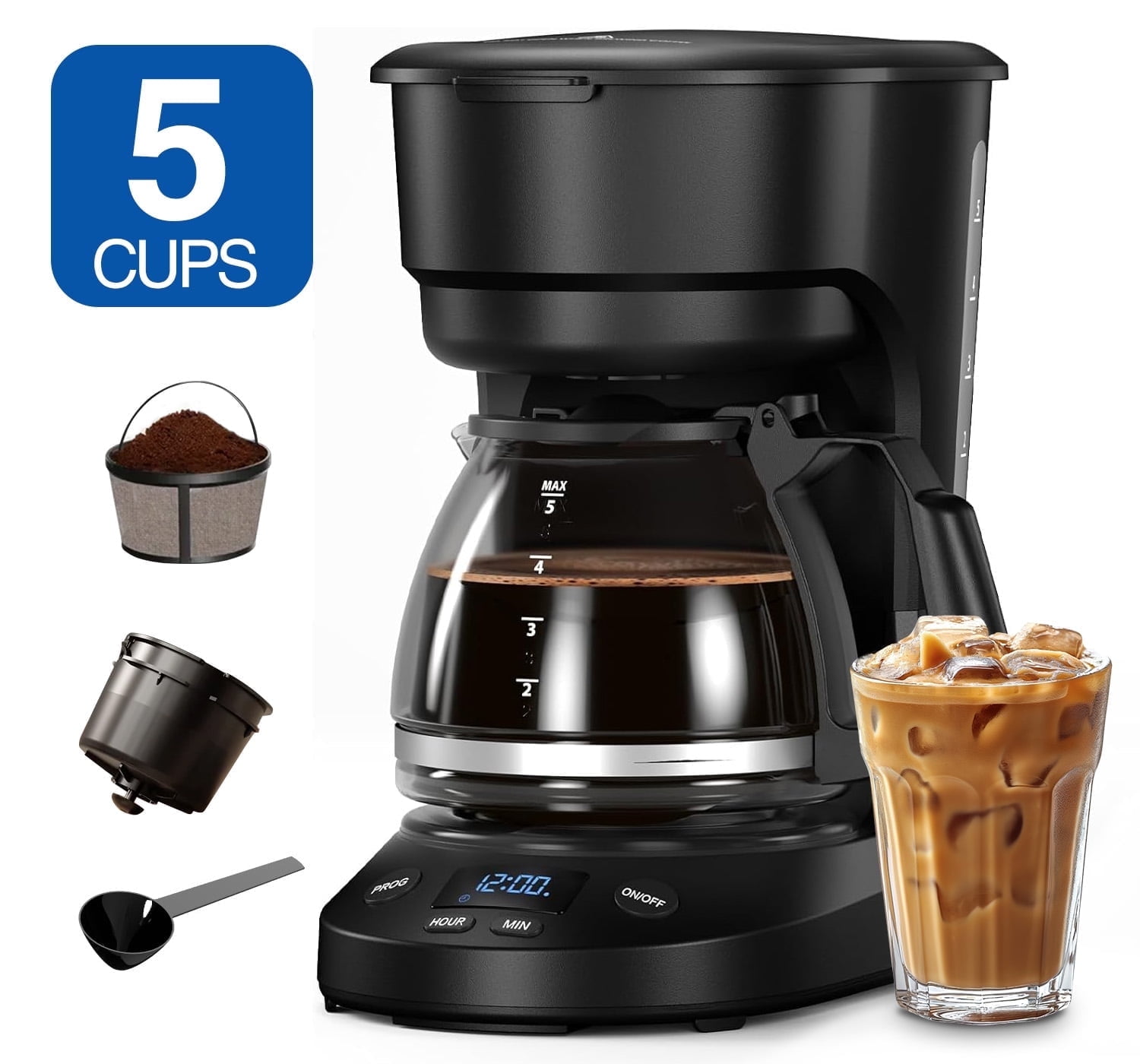 Auseo 5-Cup Drip Coffee Maker, Programmable, Timing Function, 0.75L Glass Carafe, 2-Hours Keep Warm Function, Safety Features