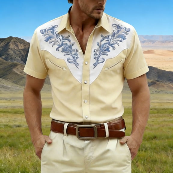 HOWPAY Button down Shirts for Men Short Sleeve Western Cowboy Print Beach Vacation Tee Stretch Casual Loose Fit Oversized Soft Summer Clothes Beige L