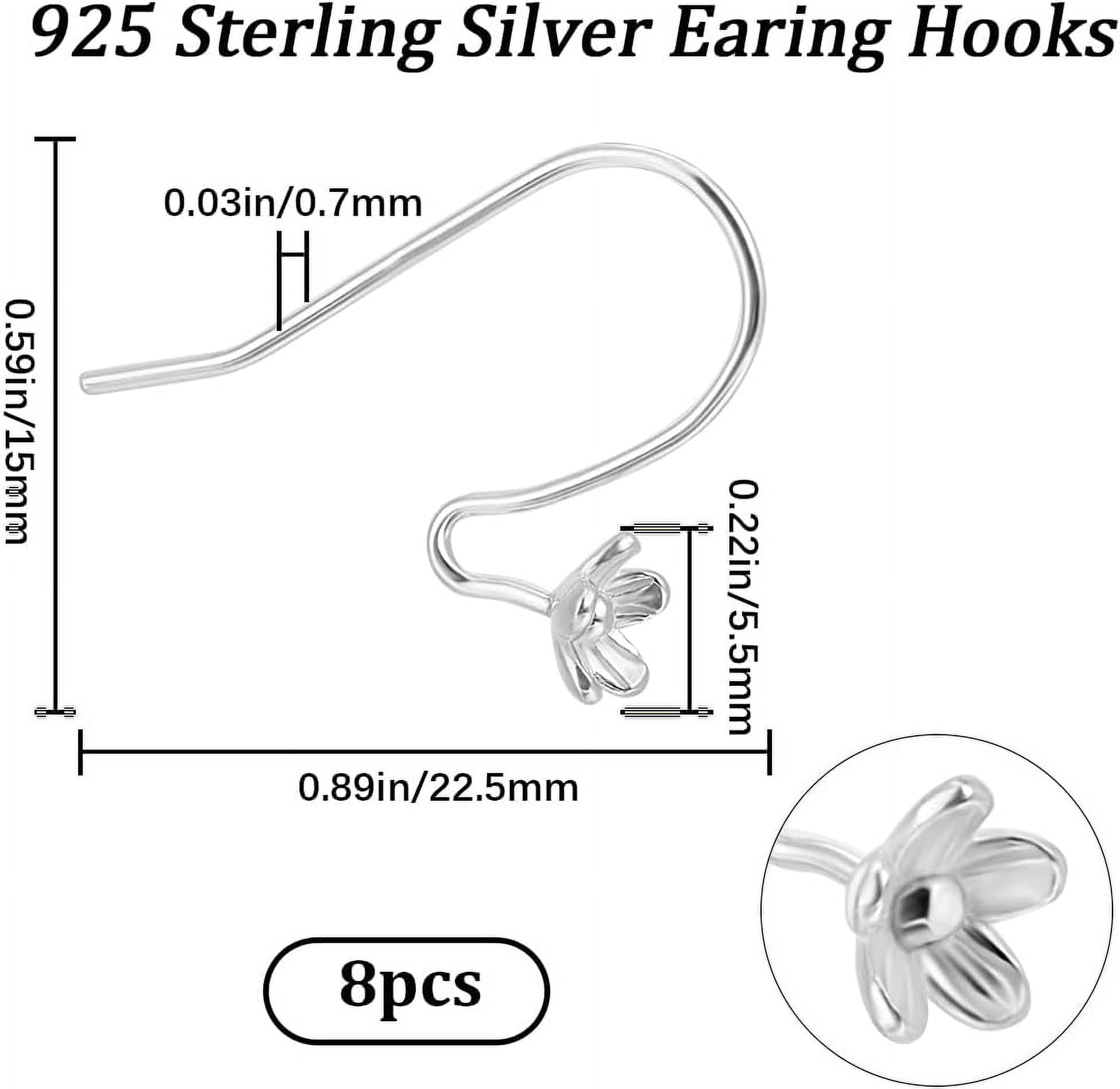 8Pcs 925 Sterling Silver Earring Hooks Shepherd's Hook Ear Wire with Flower Tray Silver 22.5x15mm Pin: 0.8mm