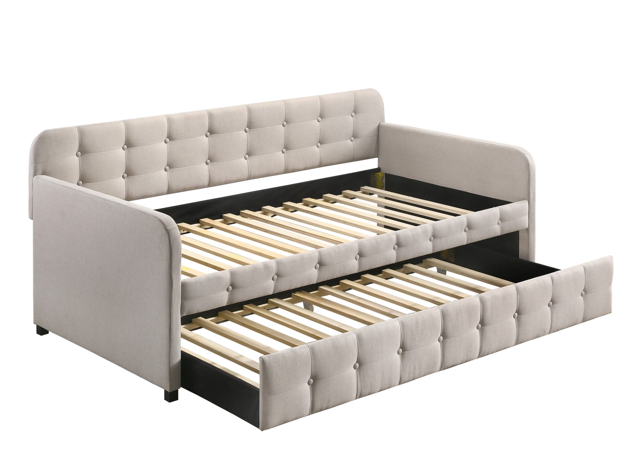 Home Design Fulham Twin Daybed with Upholstered Frame and Roll-Out Trundle, Button-Tufted Back, Track Arms, Elegant Modern Design, Warm Gray