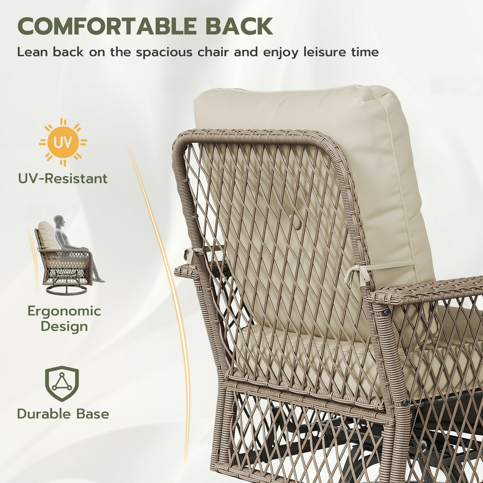 POTEBAN 3 Pieces Patio Furniture Set, Outdoor Swivel Gliders Rocker, Glass Top Side Table (Khaki)