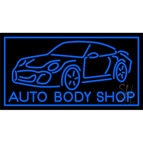 Blue Auto Body Shop LED Neon Sign 13 x 24 - inches, Clear Edge Cut Acrylic Backing, with Dimmer - Bright and Premium built indoor LED Neon Sign for automotive store, and mall.