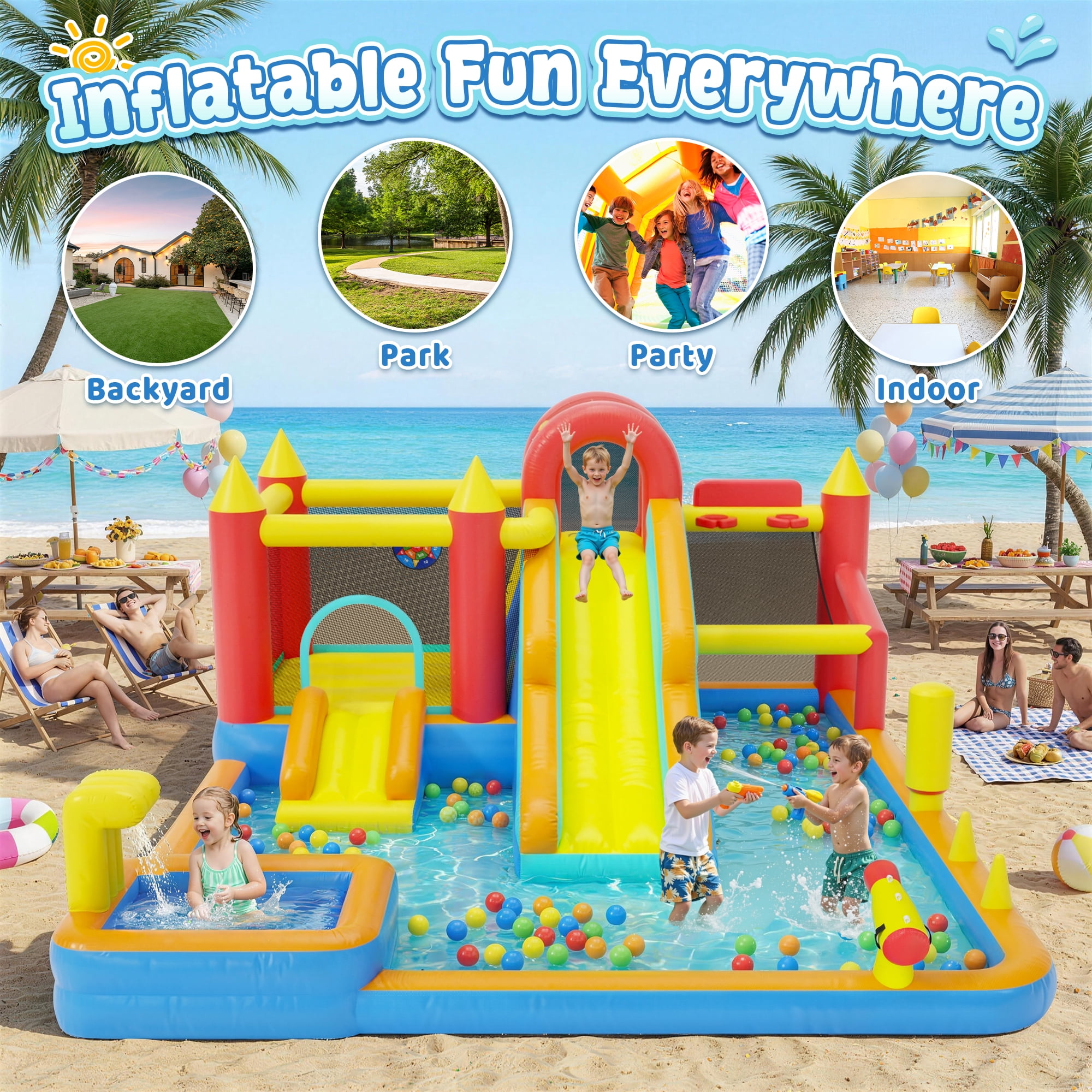 Sunnyfree 13 in 1 Inflatable Bounce House, 185" × 157" × 83" XXL Inflatable Water Slide, 196in power cord, Fishing Game, Double Water Slides, Basketball Hoop, Climbing Wall, Indoor&Outdoor