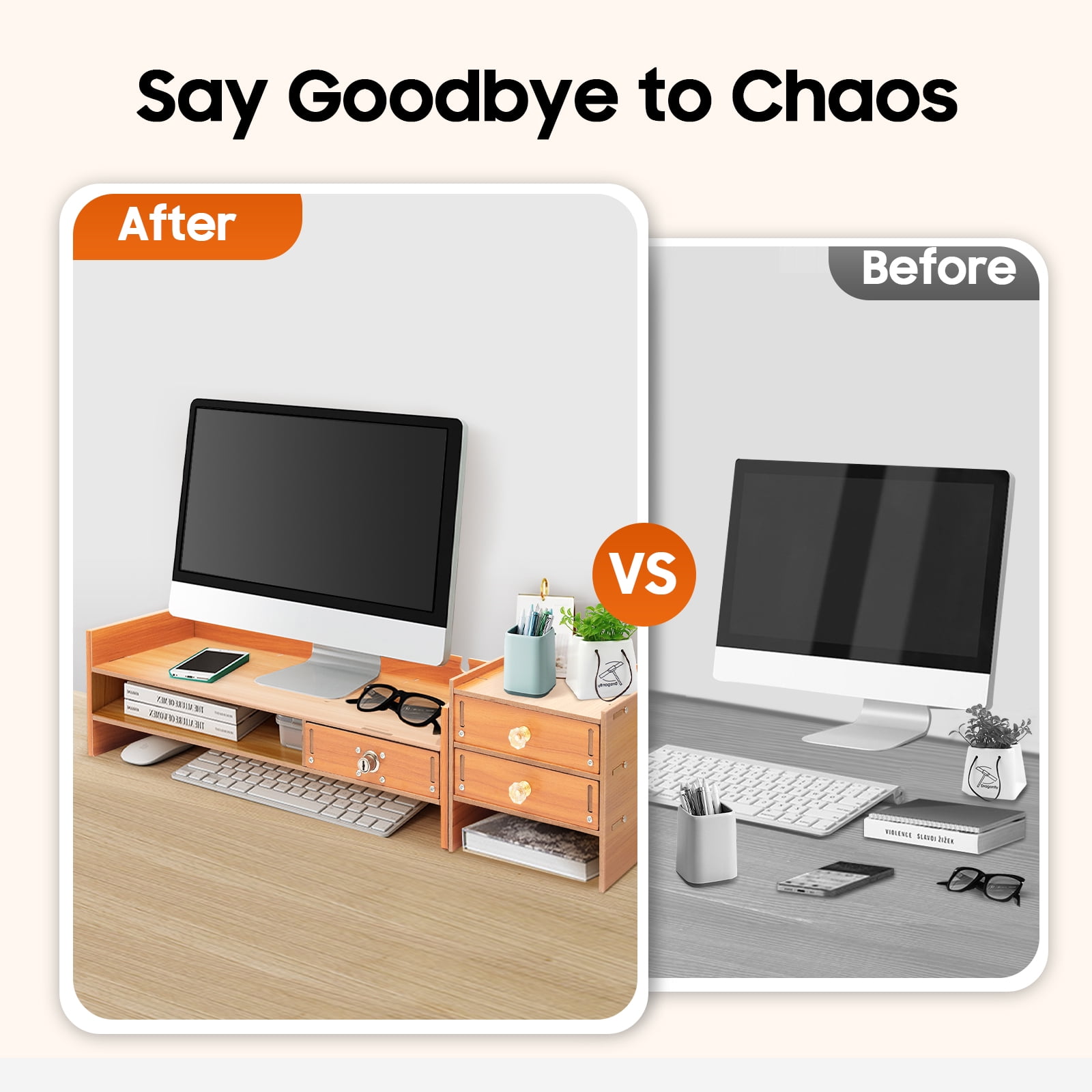 Desktop Storage Organizer with Lockable Drawer, Phone Holder & Keyboard Space, Ergonomic Monitor Riser for Office & Home
