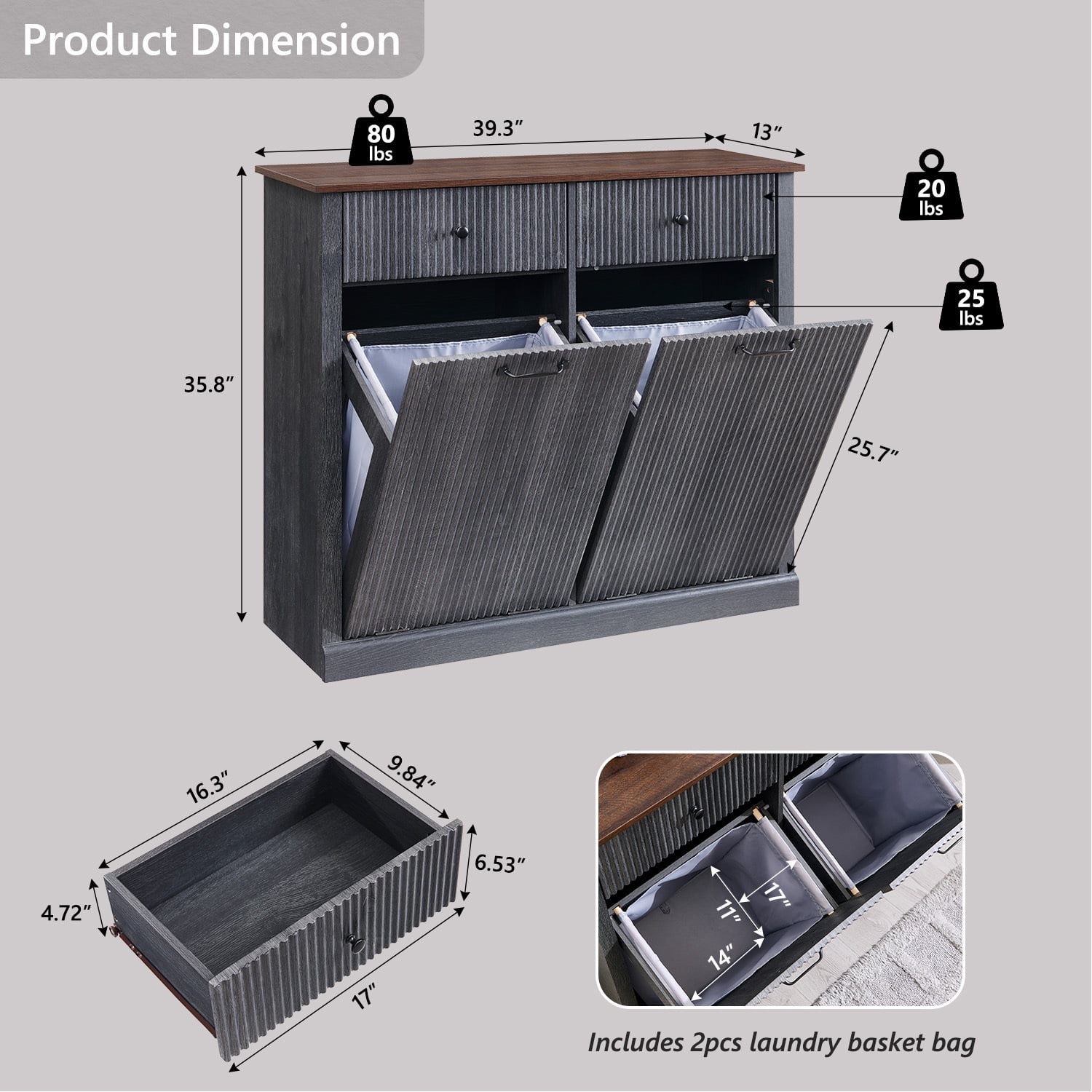 20 Gallon Tilt-Out Trash Can Cabinet, Modern Laundry Hamper Cabinet with Drawers, Hidden Garbage Can Cabinet for Kitchen and Living Room