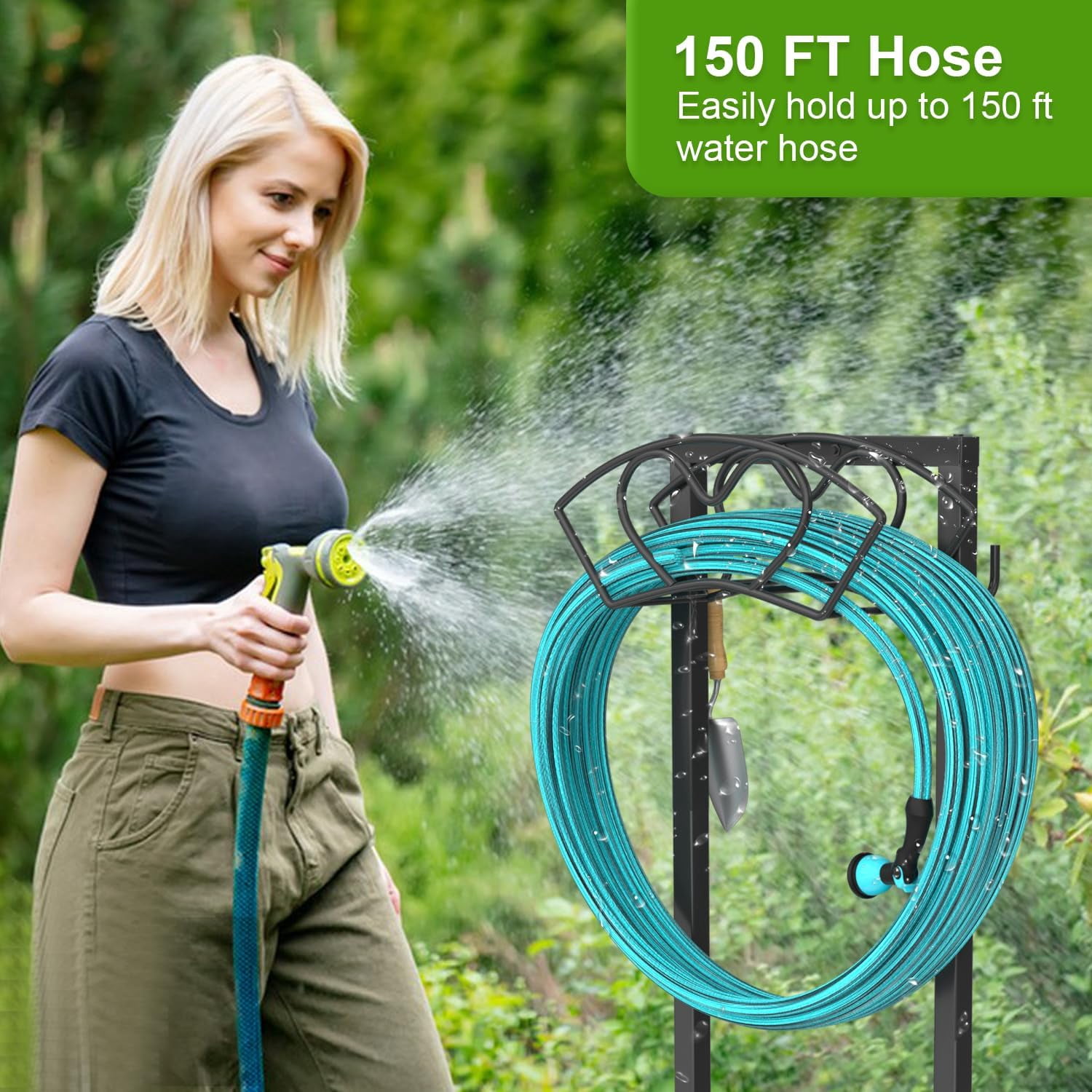 Garden Hose Holder, Water Hose Reel Rack with 4 Spikes Heavy Duty Detachable Reel Stand Freestanding Hose Hanger, Garden Water Reel Rack for Outside Yard Lawn