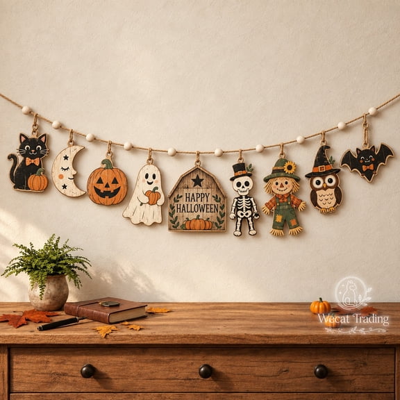 Wooden Garland Ornament, Vintage Halloween Characters for Rustic Farmhouse Mantel Display