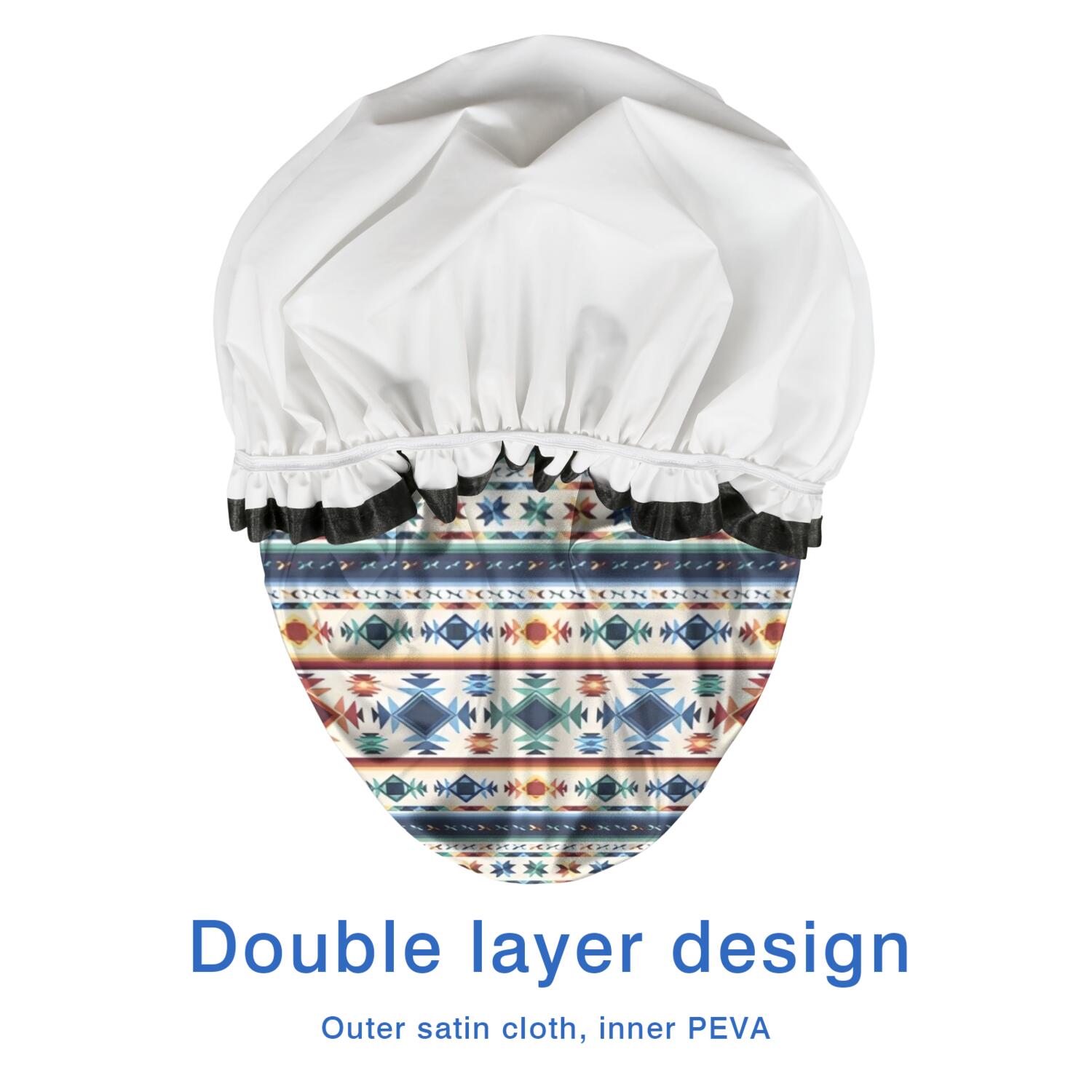 Shower Caps,Blue and Orange Geometric Boho Pattern Waterproof Shower Cap for Women 4 Pieces,Double Reusable Hair Cover for Shower PEVA Elastic Stretch Hem