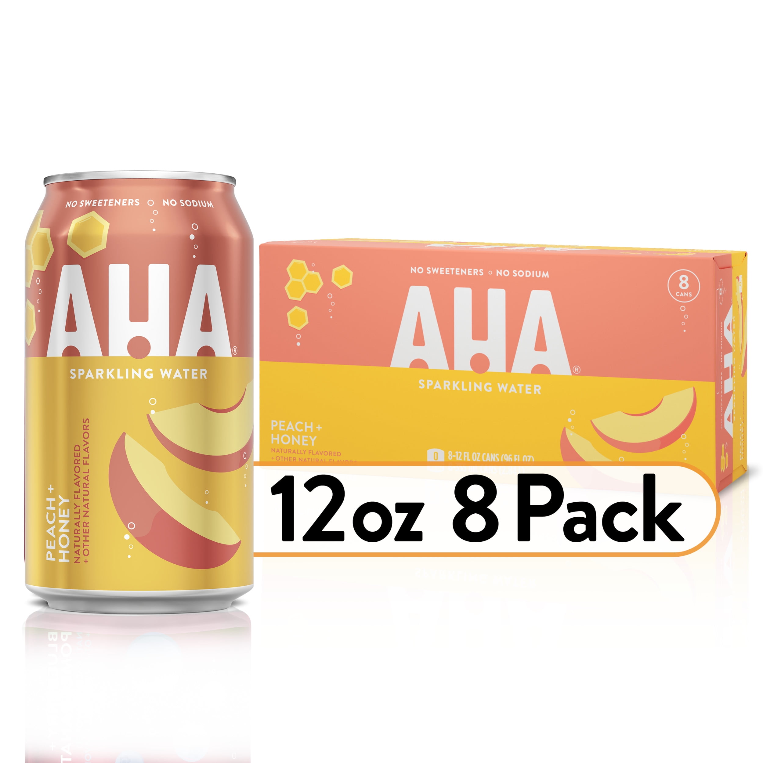 AHA Peach and Honey Sparkling Water, 12 fl oz, 8 Cans