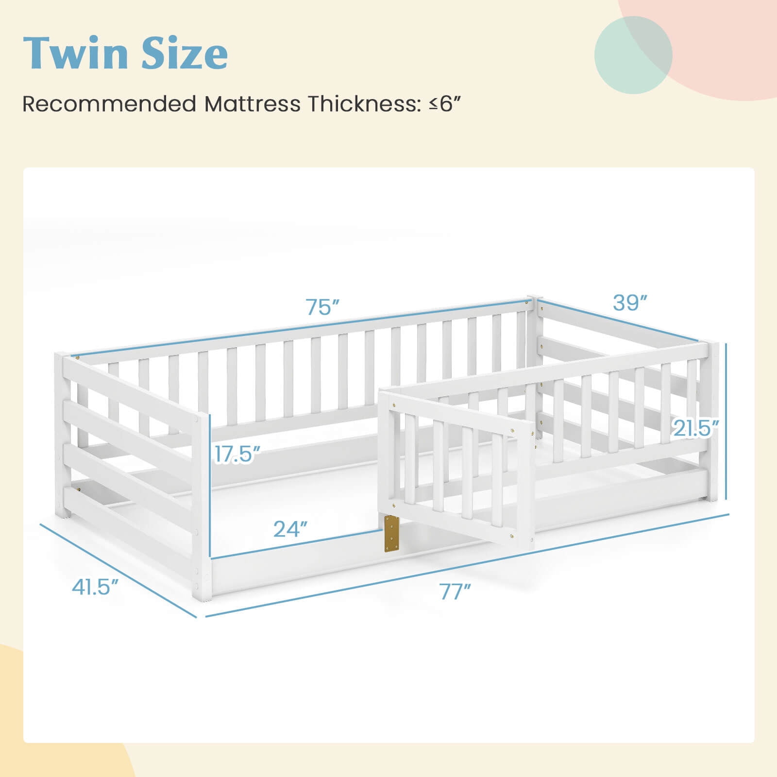 Infans Twin Size Floor Bed w/High Fence & Door Safety Guardrails Wood Floor Bed Frame