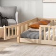 thumbnail image 5 of Queen Floor Bed, Solid Wood Platform Bed Frame with Fence and Fun Small Door, Multifunctional Daybed with Safety Guardrail and Wood Slats, Montessori Bed for Girls Boys, No Box Spring Needed, Natural, 5 of 7
