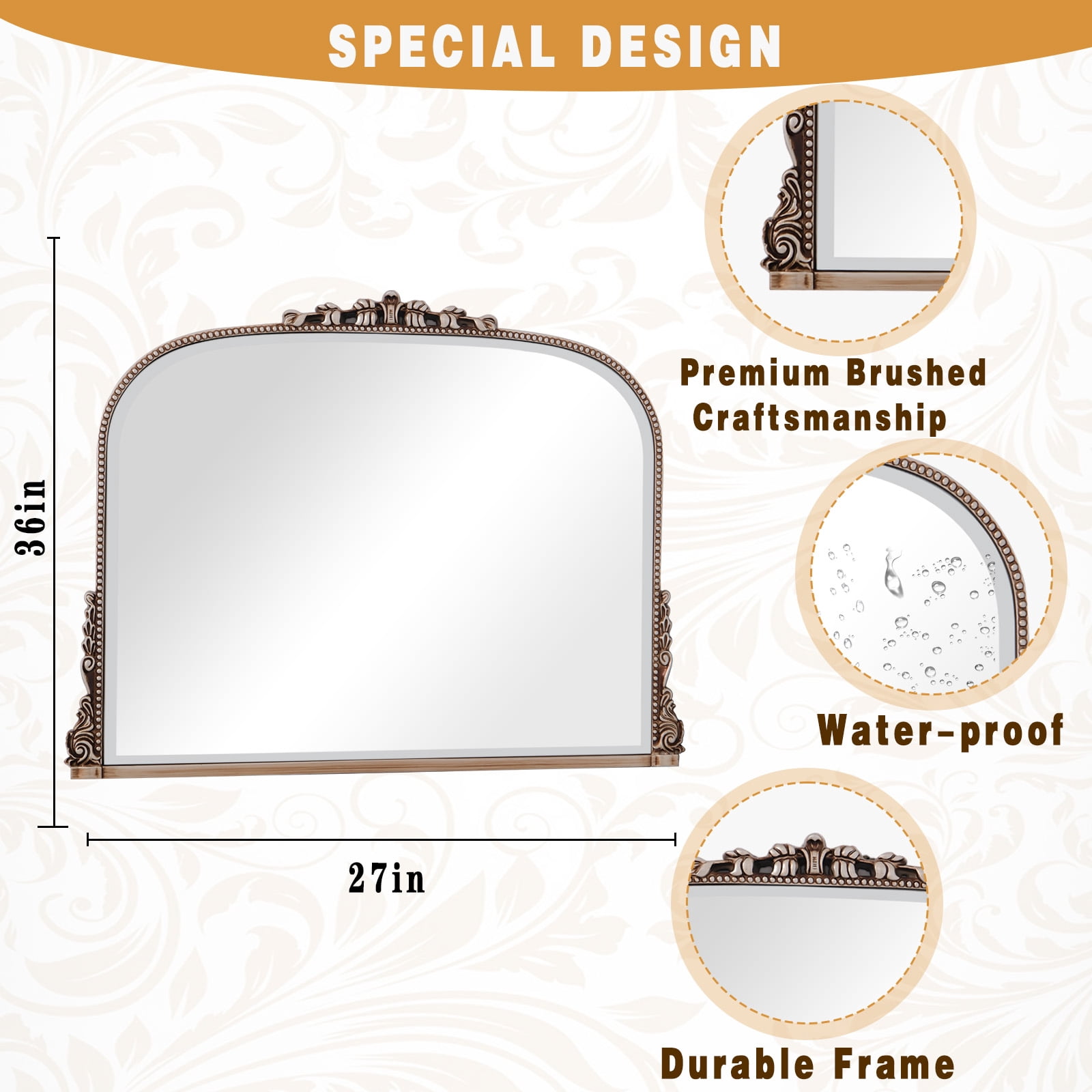 Lumora 36"x27" Vintage Bathroom Mirror Wall Mounted Arched Antique Mirror, Silver