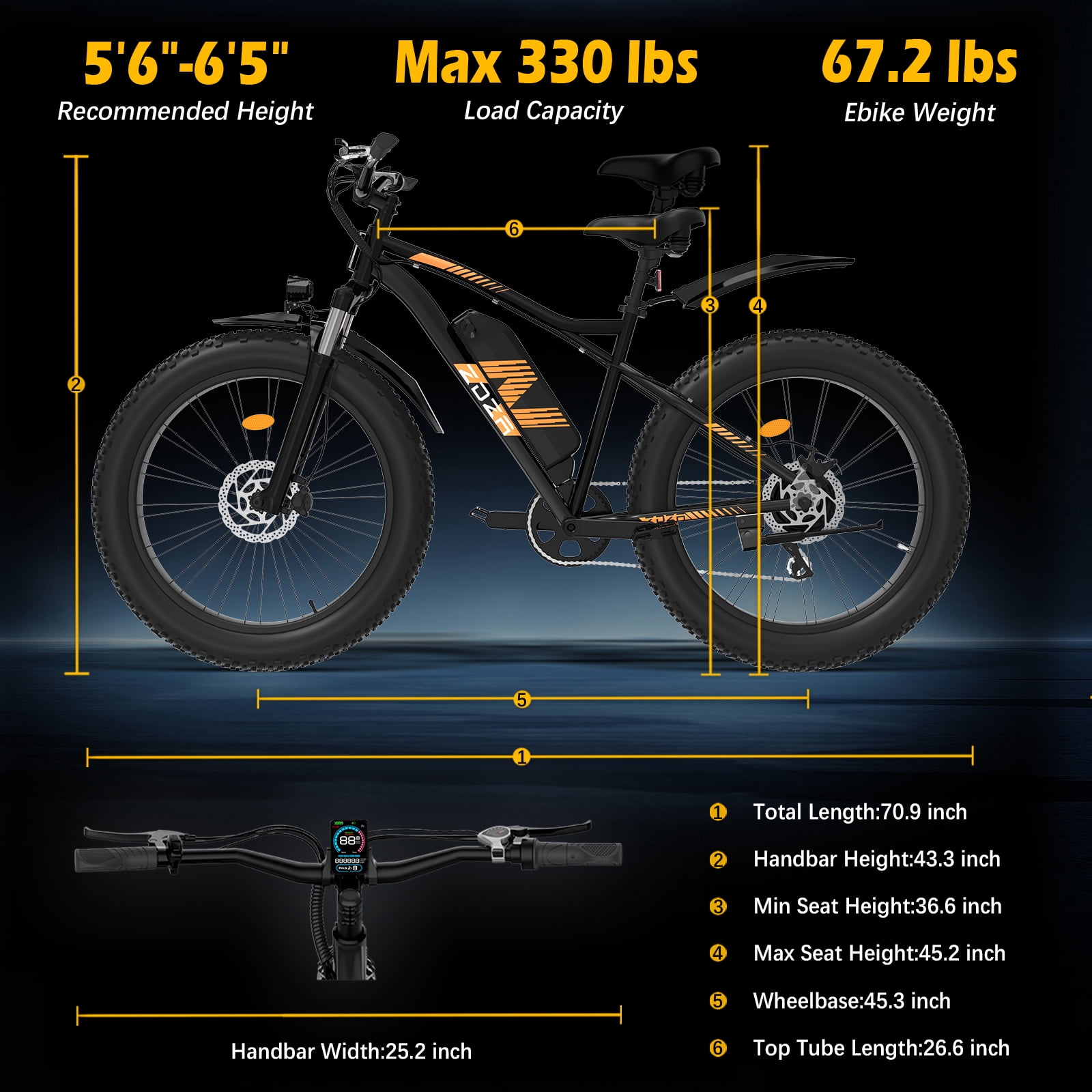 ZDZA Electric Bike for Adults, 1500W Peak E-Mountain Bicycle, 26" Fat Tire 28mph Ebike, 48V 624Wh Removable Battery 72Miles Range, 7 Speed and Dual Suspension UL2849
