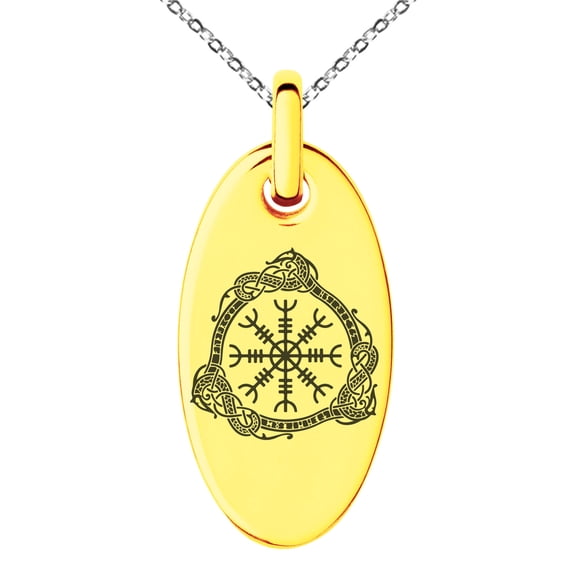 Stainless Steel Aegishjalmur Awe & Terror Helm Viking Rune Engraved Small Oval Charm Pendant Necklace
