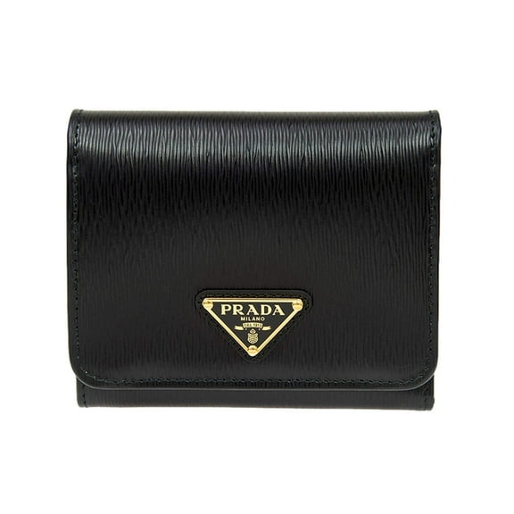 Prada Vitello Move Trifold Compact Wallet Black Leather Triangle Plaque
