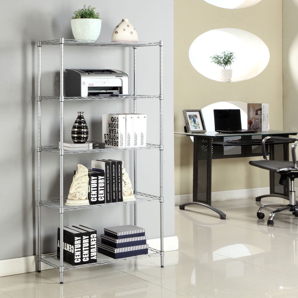 5 Shelf Storage Rack Rectangle Carbon Steel Metal Assembly, Silver Gray