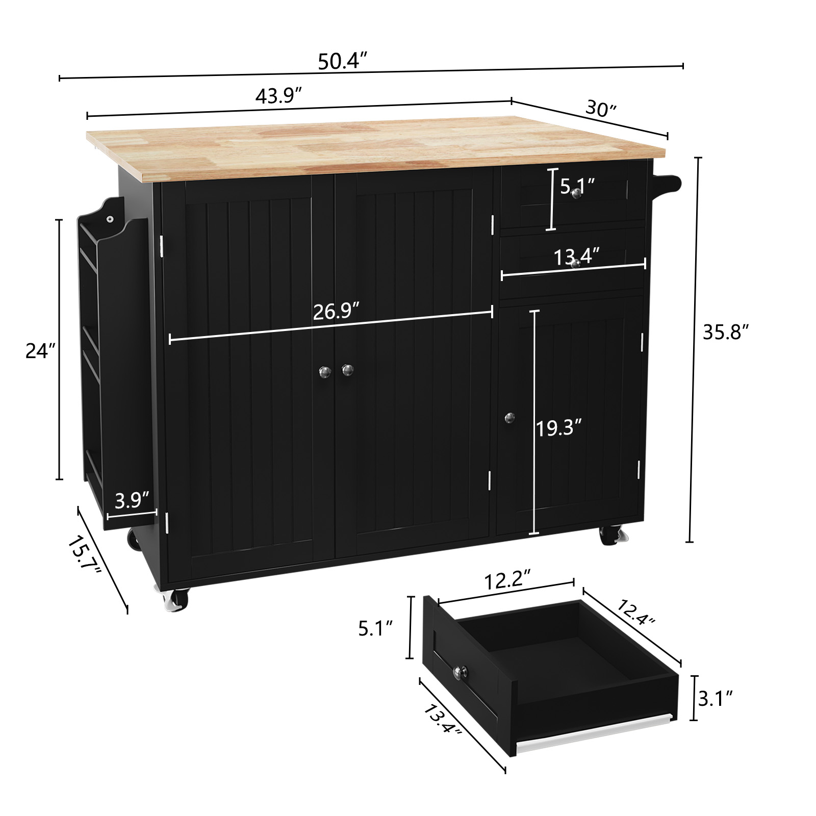 CBJCBJ 50.4" Kitchen Island with Storage, Wood Top Cart with Drop Leaf and Wheels, Black