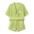 thumbnail image 4 of Linen Sets for Women 2 Piece Short Sleeve Tops and Wide Leg Shorts Summer Casual Fashion Beach Outfits Green L, 4 of 7