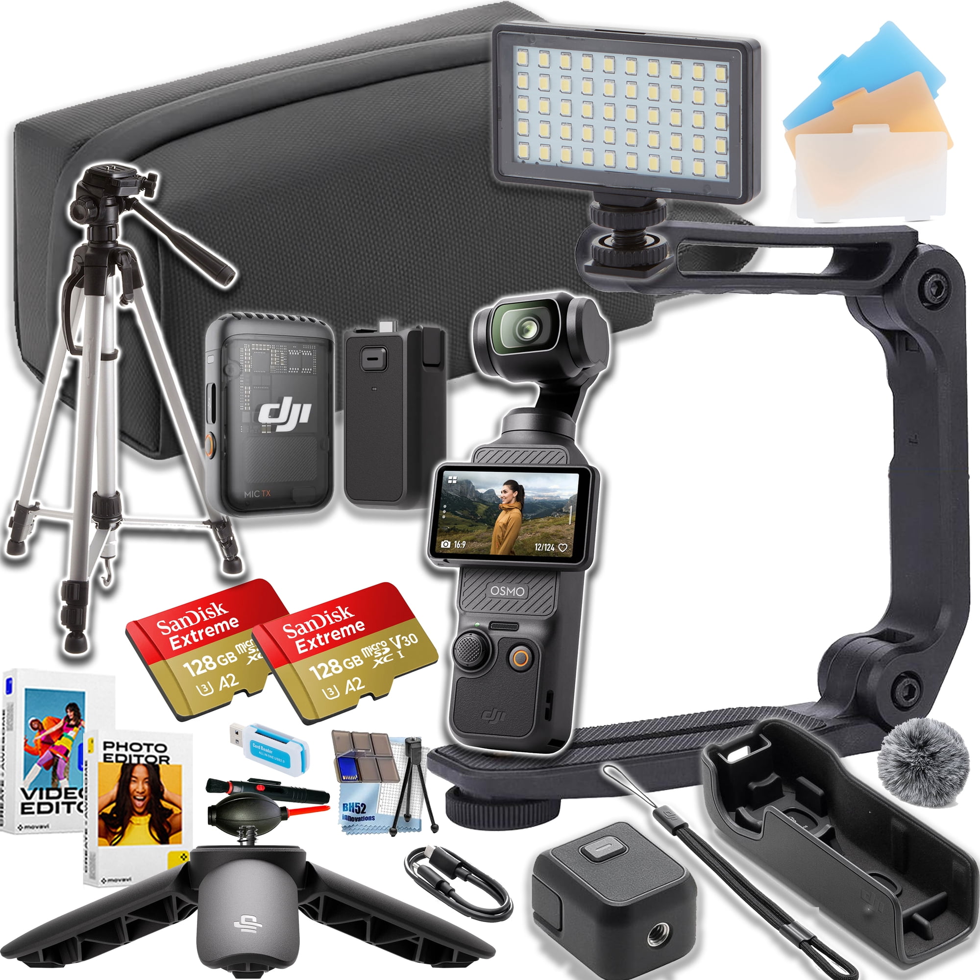 DJI Osmo Pocket 3 Creator Combo Bundle with Clip-On Transmitter/Recorder, Wide Angle Lens, Battery Handle, Mini Tripod, Carrying Bag + 256GB Extreme Micro SD Card, Gripster U-Grip, LED Light, Tripod