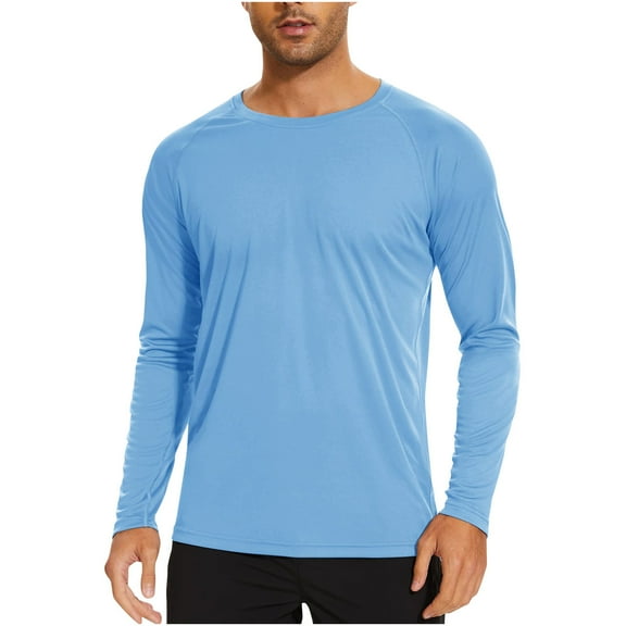 COSFO Men Shirt Long Sleeve Casual Crew Neck Blue Solid Lightweight Breathable Pullover T Shirts for Man