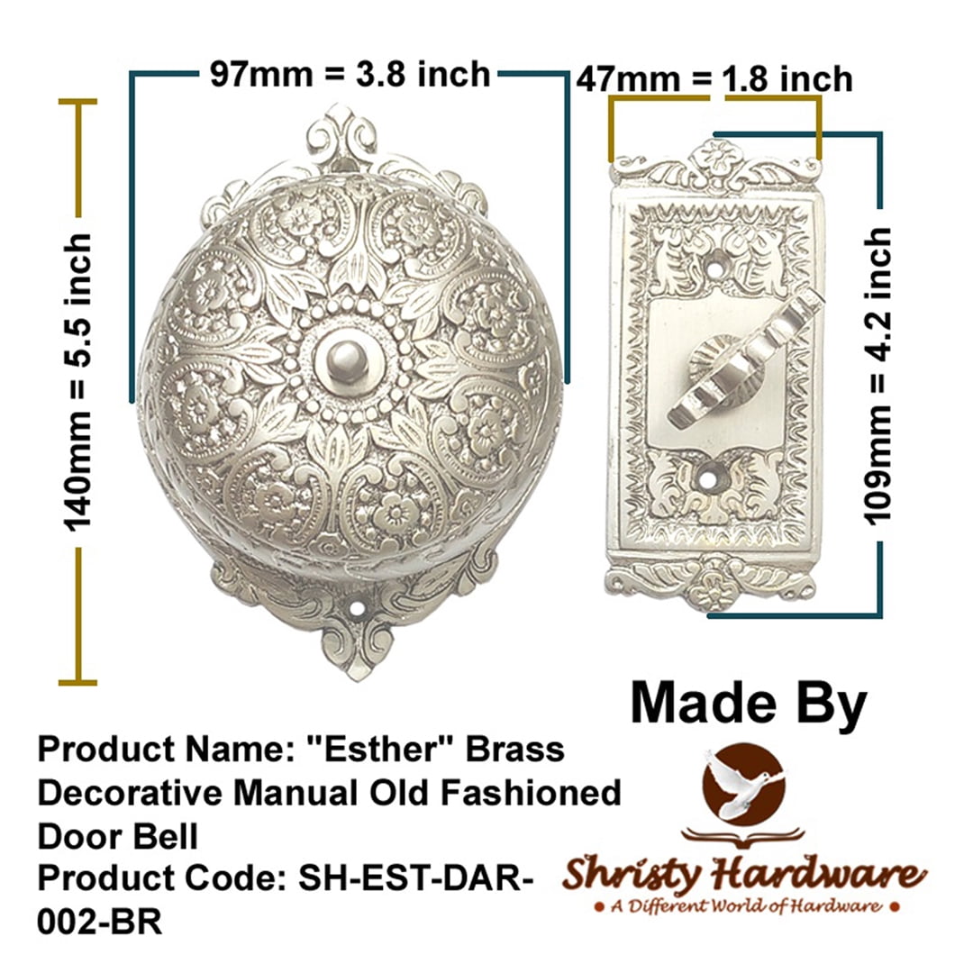 Shristy Hardware "Esther" Brass Manual Old Fashioned Door Bell – Vintage Twist Bell with Key Plate – Mechanical Doorbell for Home – (Pack of 1 Satin Nickel Finish) - PT-2