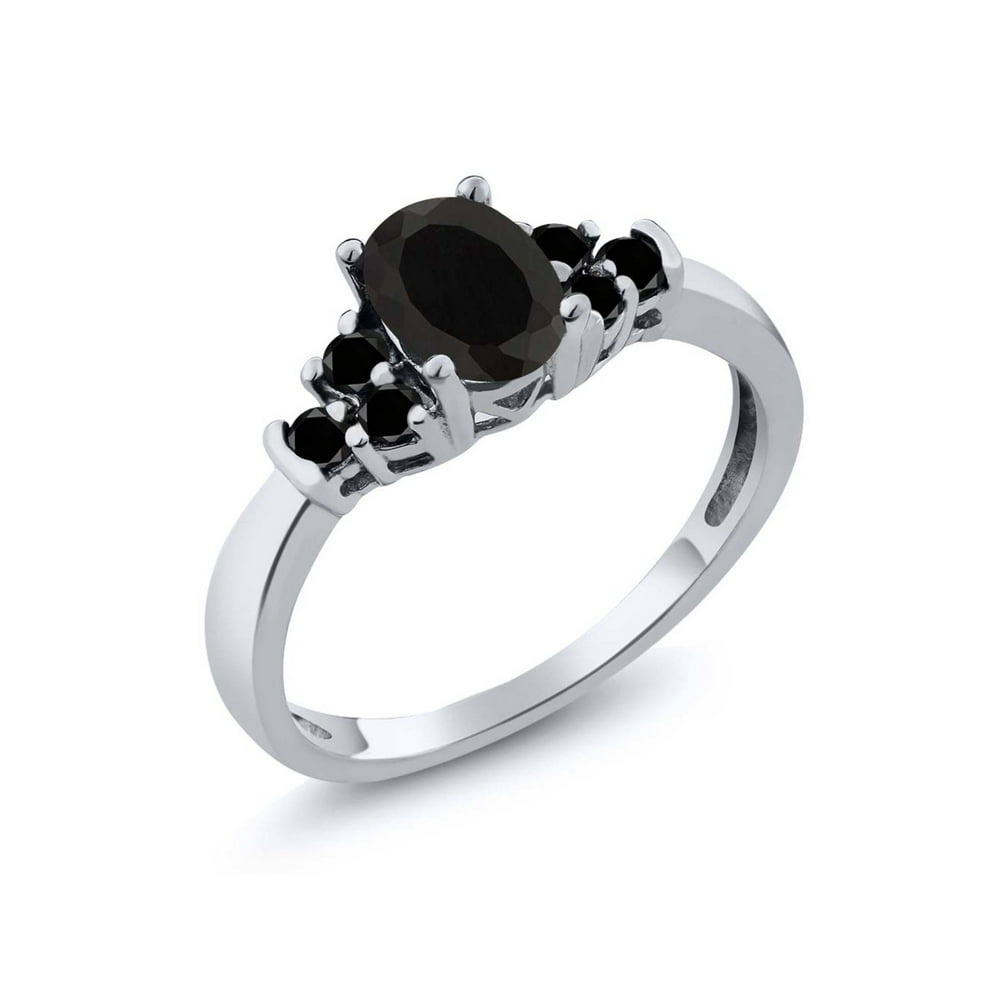 Gem Stone King 0.59 Ct Oval Black Onyx and Black Diamond 925 Sterling