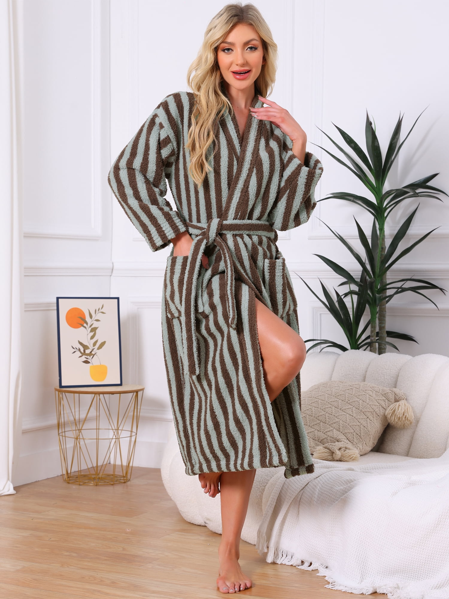DARING DIVA Women's Fleece Fluffy Belt Full Length Striped Plush Bath Robe L Blue