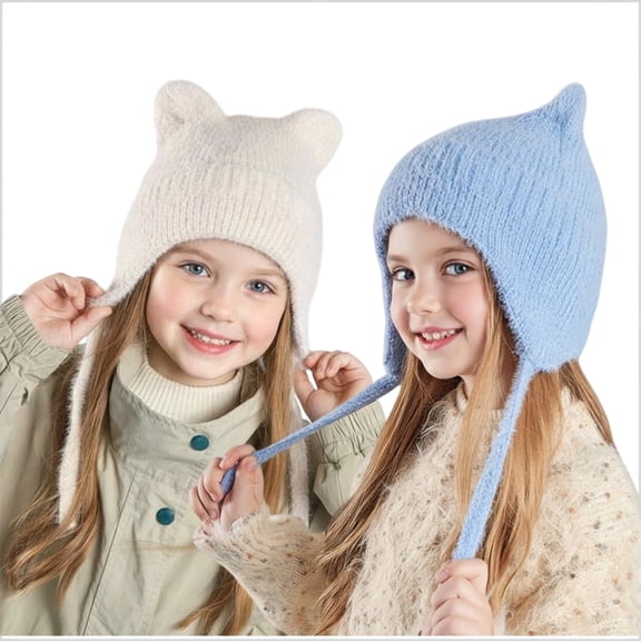 ZROVA 2-Pack Kids Cat Ear Knit Hat with Ear Flaps, Winter Warm Beanie for Boys & Girls